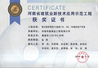 “恒大綠洲項目A10地塊17#、18#、19#樓及地下車庫工程”榮獲“河南省建筑業(yè)新技術應用示范工程”金獎
